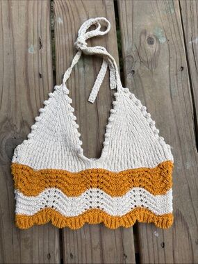 Zara Medium V-Neck Crochet Knit Halter Crop Top Mustard Cream Boho Festival